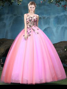 Multi-color Ball Gowns Tulle V-neck Sleeveless Appliques Floor Length Lace Up Quinceanera Dress