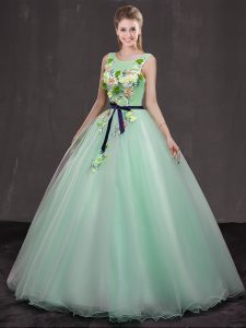 Dramatic Floor Length Apple Green 15th Birthday Dress Scoop Sleeveless Lace Up