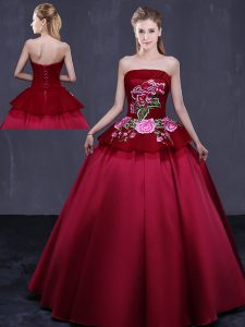 Trendy Strapless Sleeveless Satin 15 Quinceanera Dress Embroidery Lace Up