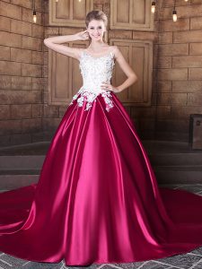 Perfect Scoop Hot Pink Sleeveless Elastic Woven Satin Court Train Lace Up Sweet 16 Dress for Military Ball and Sweet 16 and Quinceanera