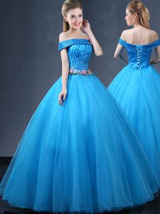 Baby Blue Tulle Lace Up Off The Shoulder Sleeveless Floor Length Sweet 16 Dresses Beading and Appliques