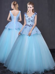 Excellent Light Blue Lace Up Quince Ball Gowns Appliques Sleeveless Floor Length