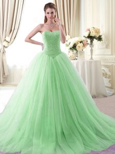 Apple Green Lace Up Sweetheart Beading 15 Quinceanera Dress Tulle Sleeveless Brush Train