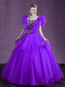 Organza Sweetheart Sleeveless Lace Up Appliques and Ruffles Quinceanera Gowns in Purple