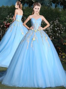 Tulle Sweetheart Sleeveless Brush Train Lace Up Appliques Quinceanera Dresses in Light Blue