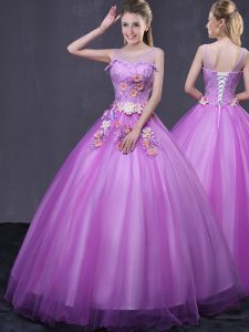 Adorable Scoop Lilac Ball Gowns Beading and Appliques Quinceanera Dress Lace Up Tulle Sleeveless Floor Length