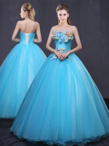 Baby Blue Sleeveless Floor Length Appliques Lace Up Quinceanera Gowns