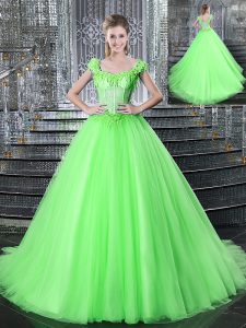 Straps Sleeveless With Train Beading and Appliques Lace Up Sweet 16 Quinceanera Dress