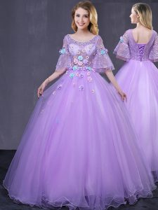 Lavender 15th Birthday Dress Military Ball and Sweet 16 and Quinceanera and For with Lace and Appliques Scoop Half Sleeves Lace Up