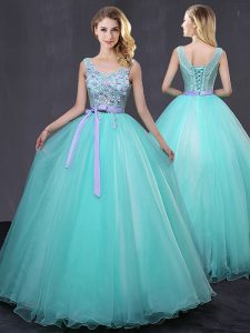 Luxury Scoop Sleeveless Tulle Floor Length Lace Up Quinceanera Dress in Aqua Blue with Appliques and Belt