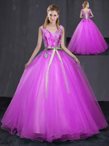 Fuchsia Sleeveless Appliques and Belt Floor Length Sweet 16 Quinceanera Dress