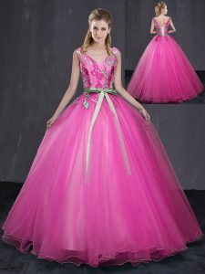 New Style Hot Pink Tulle Lace Up V-neck Sleeveless Floor Length Vestidos de Quinceanera Appliques and Belt