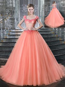 Straps Sleeveless Quinceanera Dress With Brush Train Beading Peach Tulle