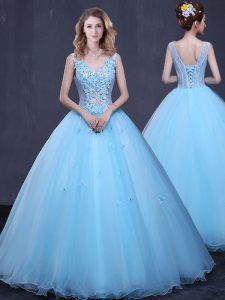 Light Blue Ball Gowns Lace and Appliques Sweet 16 Dress Lace Up Tulle Sleeveless Floor Length