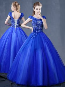 Royal Blue V-neck Lace Up Lace and Appliques Quinceanera Dresses Short Sleeves