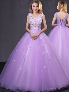 Fitting Sleeveless Tulle Floor Length Lace Up Sweet 16 Dresses in Lavender with Lace and Appliques