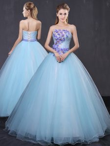 Luxurious Light Blue Ball Gown Prom Dress Military Ball and Sweet 16 and Quinceanera and For with Appliques and Belt Strapless Sleeveless Lace Up