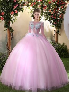 Scoop Floor Length Lilac 15 Quinceanera Dress Tulle Long Sleeves Appliques
