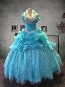 Stunning Aqua Blue 15 Quinceanera Dress Military Ball and Sweet 16 and Quinceanera and For with Beading and Pick Ups Sweetheart Sleeveless Lace Up