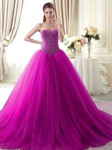 Fuchsia Sleeveless With Train Beading Lace Up Quince Ball Gowns
