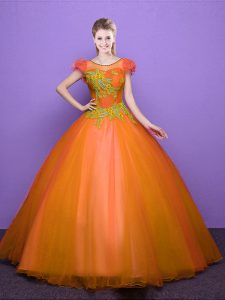 Affordable Tulle Scoop Short Sleeves Lace Up Appliques Vestidos de Quinceanera in Orange