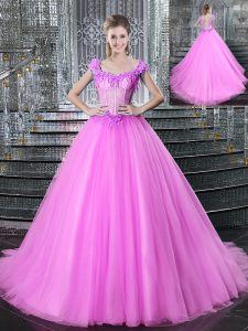 Custom Made Straps Sleeveless Brush Train Lace Up Ball Gown Prom Dress Fuchsia Tulle