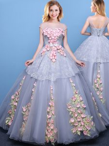 Grey Tulle Lace Up Scoop Cap Sleeves Floor Length Quinceanera Dresses Appliques