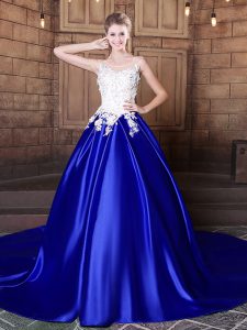 Flare Royal Blue Ball Gowns Scoop Sleeveless Elastic Woven Satin With Train Court Train Lace Up Appliques Quinceanera Dresses