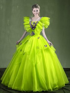 Fitting Sweetheart Sleeveless Lace Up Quinceanera Gown Yellow Green Organza
