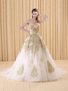 Trendy White Lace Up Sweetheart Appliques Quinceanera Gown Organza Sleeveless Sweep Train