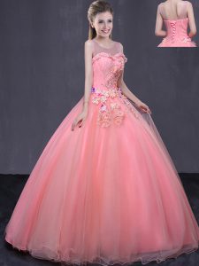 Sweet Watermelon Red Ball Gowns Tulle Scoop Sleeveless Beading and Appliques Floor Length Lace Up Sweet 16 Dress