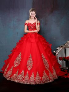 Red Off The Shoulder Lace Up Beading and Appliques and Ruffles Quinceanera Gowns Sleeveless