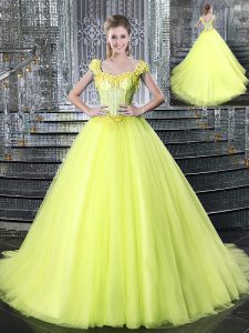 Superior Straps Yellow Lace Up Quinceanera Gowns Beading and Appliques Sleeveless With Brush Train
