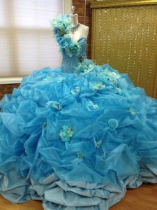 Excellent Blue Taffeta and Tulle Lace Up One Shoulder Sleeveless Floor Length 15 Quinceanera Dress Pick Ups and Hand Made Flower