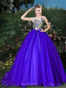 Scoop Zipper Quinceanera Gowns Blue for Military Ball and Sweet 16 and Quinceanera with Appliques and Belt Brush Train