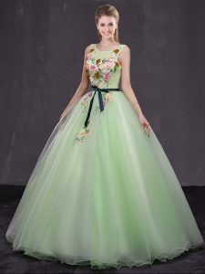 Captivating Scoop Yellow Green Organza Lace Up Ball Gown Prom Dress Sleeveless Floor Length Appliques