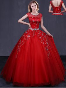 Custom Designed Red Scoop Neckline Beading and Belt Quinceanera Dresses Cap Sleeves Lace Up