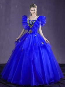 Appliques and Ruffles 15th Birthday Dress Royal Blue Lace Up Sleeveless Floor Length