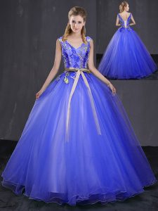Super Royal Blue Ball Gowns Appliques and Belt Quinceanera Gowns Lace Up Tulle Sleeveless Floor Length