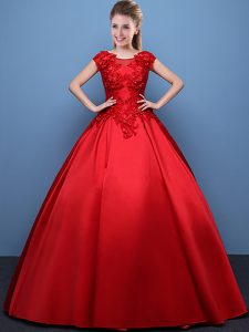 Scoop Red Lace Up Quinceanera Gown Appliques Cap Sleeves Floor Length