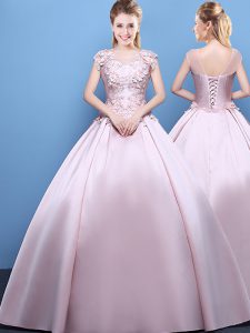 Shining Pink Scoop Lace Up Appliques Ball Gown Prom Dress Cap Sleeves