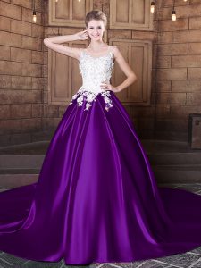On Sale Scoop Sleeveless Court Train Lace Up Quinceanera Dresses Purple Elastic Woven Satin