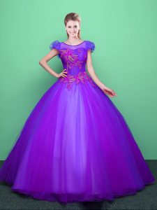 Graceful Purple Lace Up Scoop Appliques 15th Birthday Dress Tulle Short Sleeves