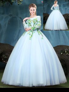 Scoop Floor Length Ball Gowns Long Sleeves Light Blue Sweet 16 Dresses Lace Up