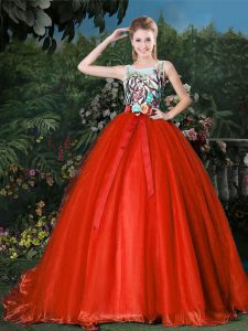 Red Zipper Scoop Appliques and Belt Ball Gown Prom Dress Organza Sleeveless Brush Train
