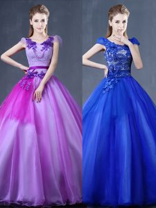 Attractive Purple Organza Lace Up Quinceanera Gowns Short Sleeves Floor Length Lace and Appliques