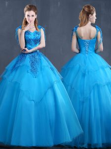 Baby Blue Lace Up 15th Birthday Dress Appliques Sleeveless Floor Length