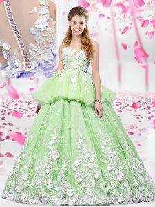 Captivating Scoop Yellow Green Organza and Tulle Lace Up Quinceanera Gowns Sleeveless Floor Length Lace and Appliques