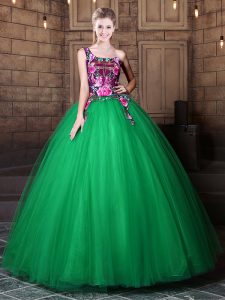 Modest Green One Shoulder Lace Up Pattern Quinceanera Dress Sleeveless