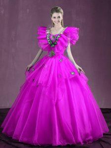Fitting Fuchsia Sweetheart Lace Up Appliques and Ruffles Quinceanera Dress Sleeveless